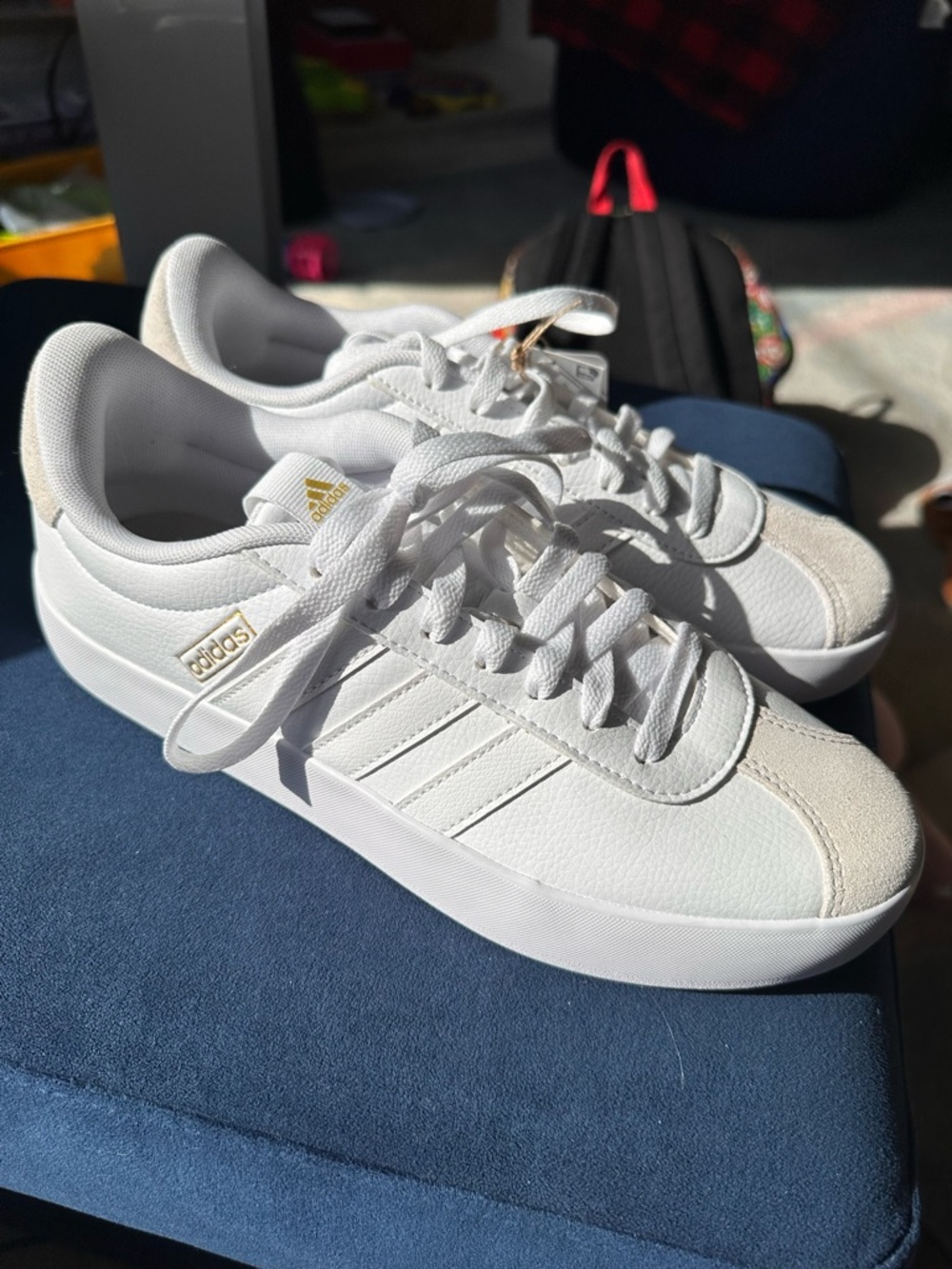 Adidas VL Court 3.0 White Sneakers • Gold Logo • Suede Toe • NWT